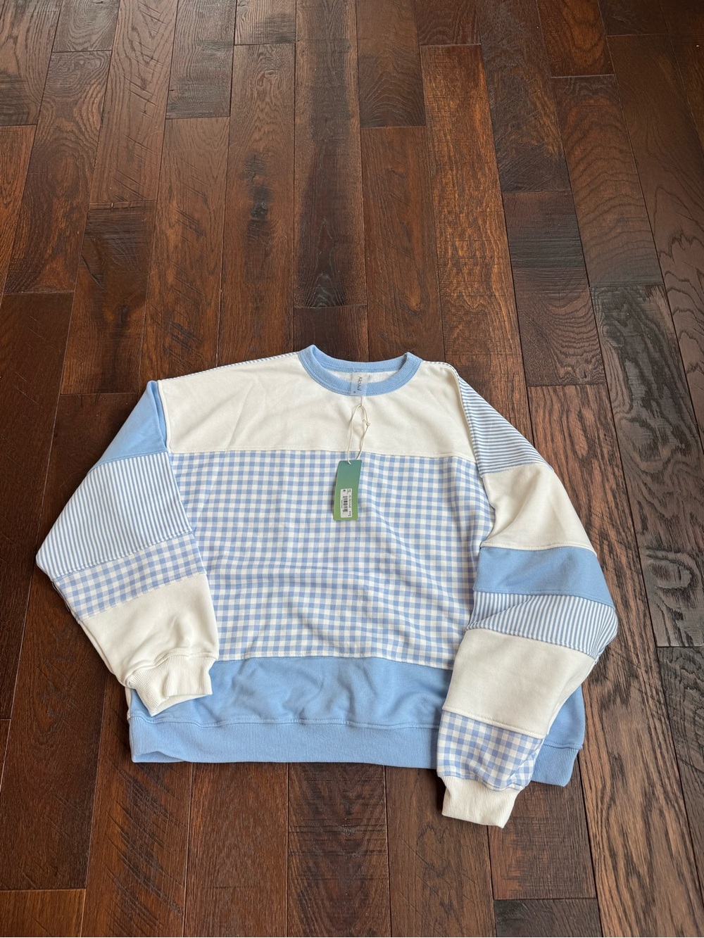 Altar'd State Light Blue and White Gingham Panel Sweatshirt - Picture 2 of 4